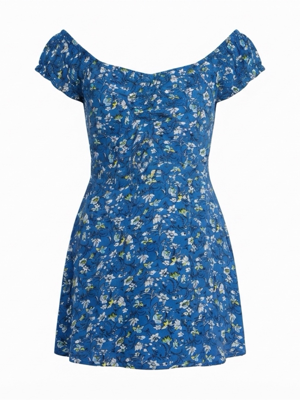 Blue Floral Smocked Bodice Flutter Sleeve Mini Dress Women's
